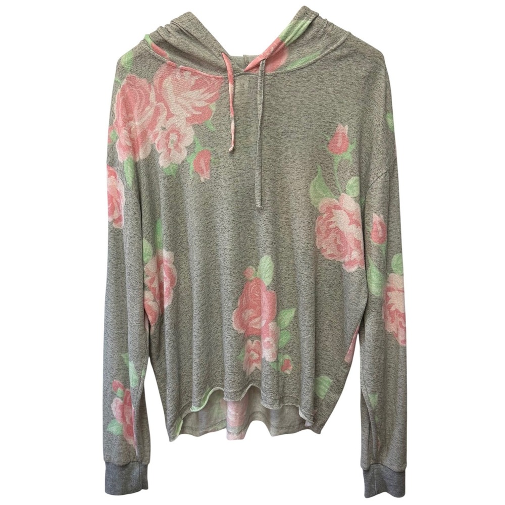JUST be Floral Hooded Sweatshirt Gray Pink Roses Sz M Softgirl Spring Cottage